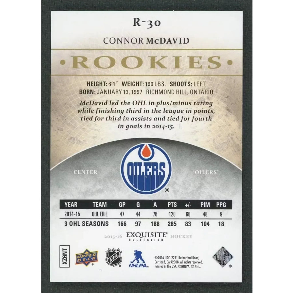 Connor McDavid 2015-16 Upper Deck Exquisite Rookie Card | Gold Spectrum/97