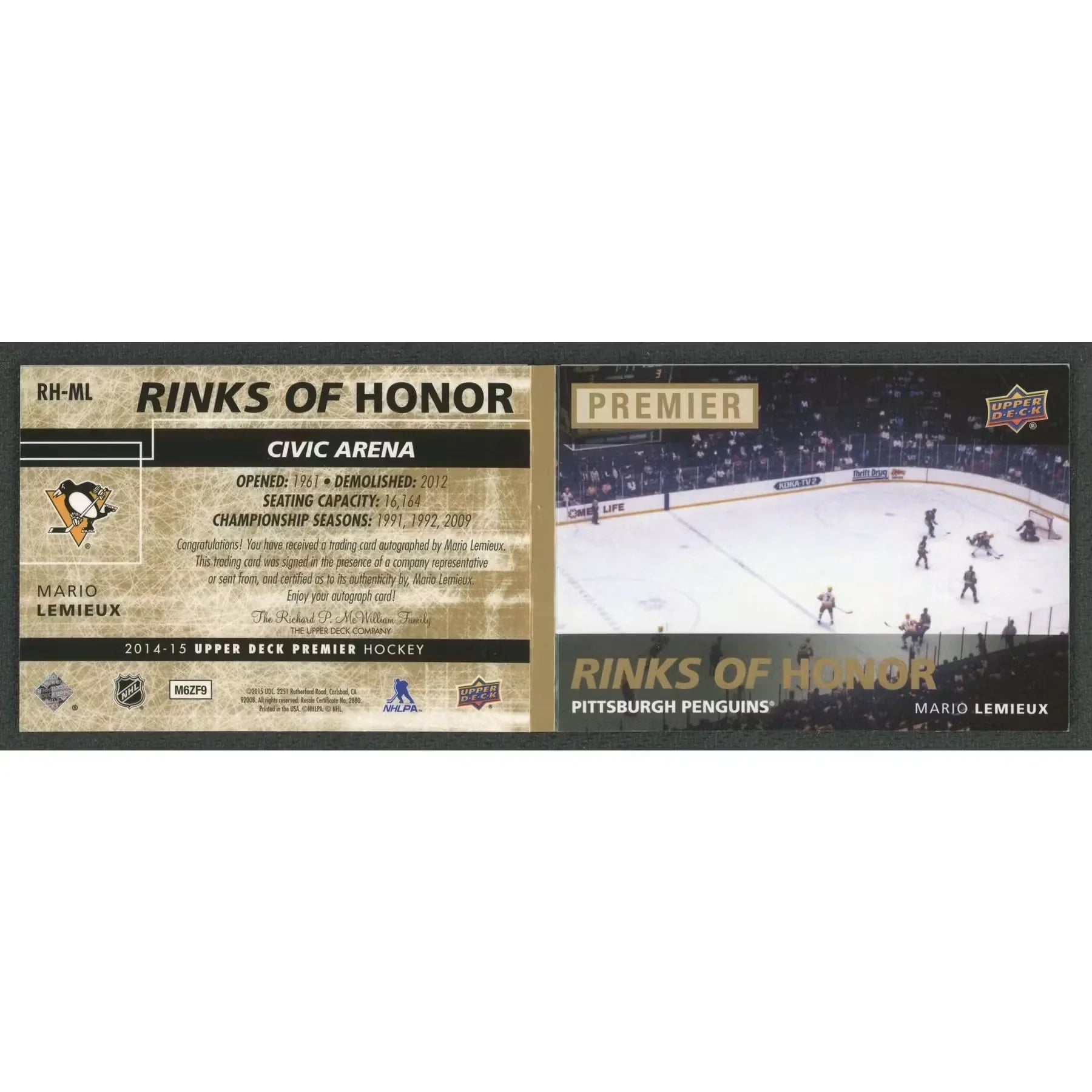 Mario Lemieux Signed 2014-15 Premier Rinks of Honor Card | Auto