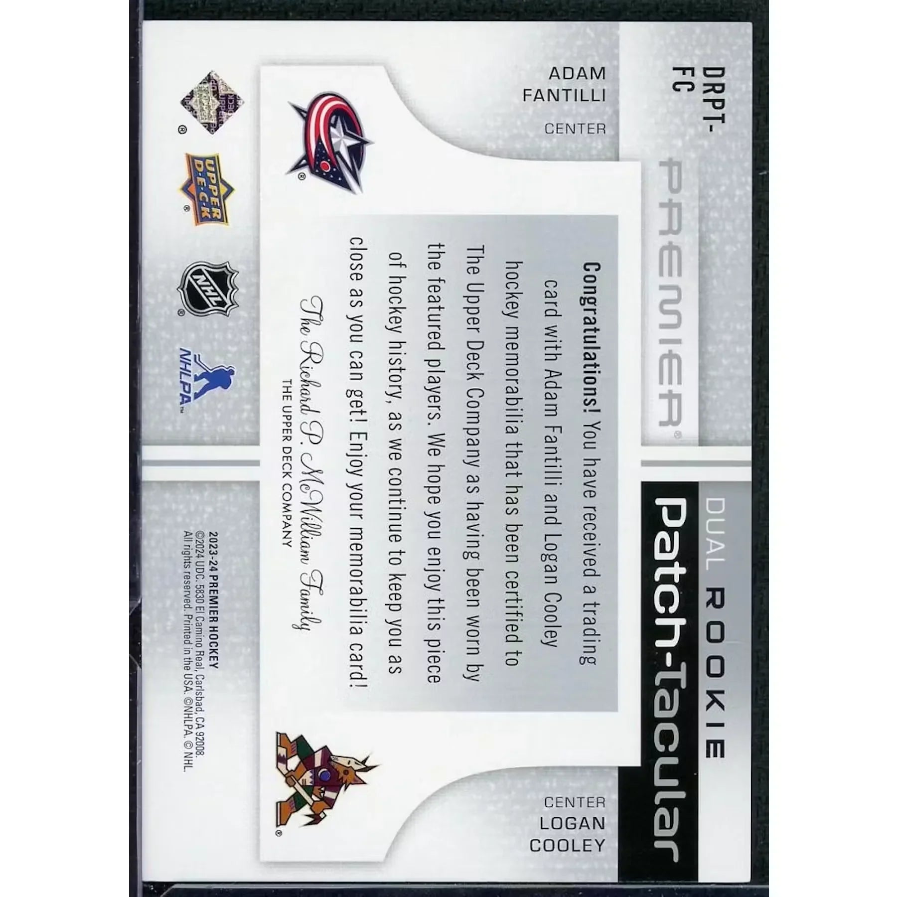 Adam Fantilli Logan Cooley Signed Dual Rookie Patch Card | 2023-24 UD Premier/25
