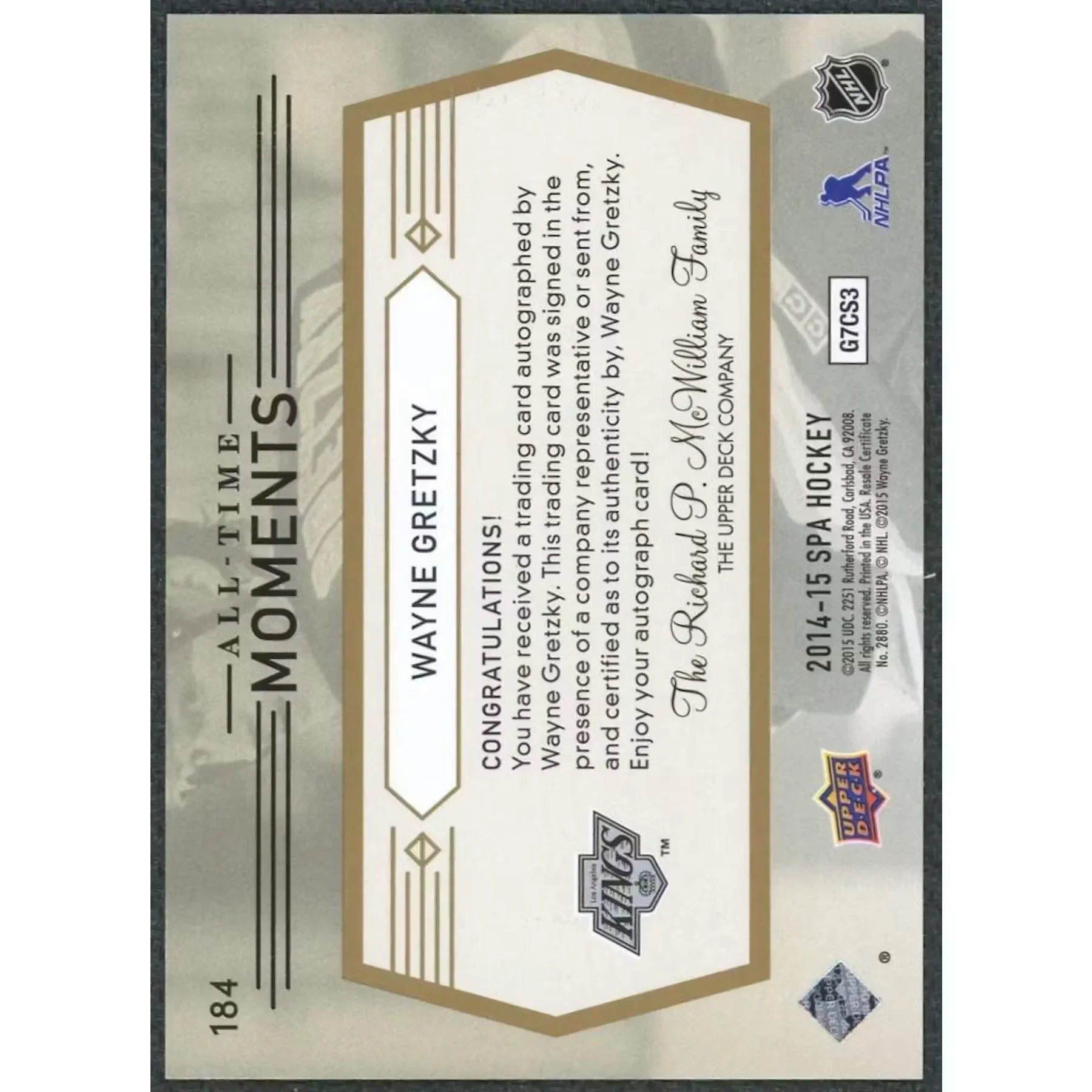 Wayne Gretzky Signed 2014-15 Upper Deck SP Authentic Card #184