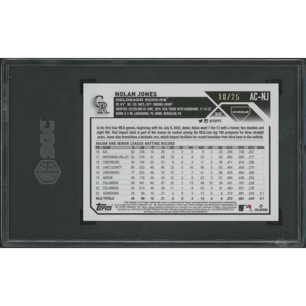 Nolan Jones Signed 2023 Topps Chrome Update Orange Refractor Rookie #18 Card | SGC 10 Gem