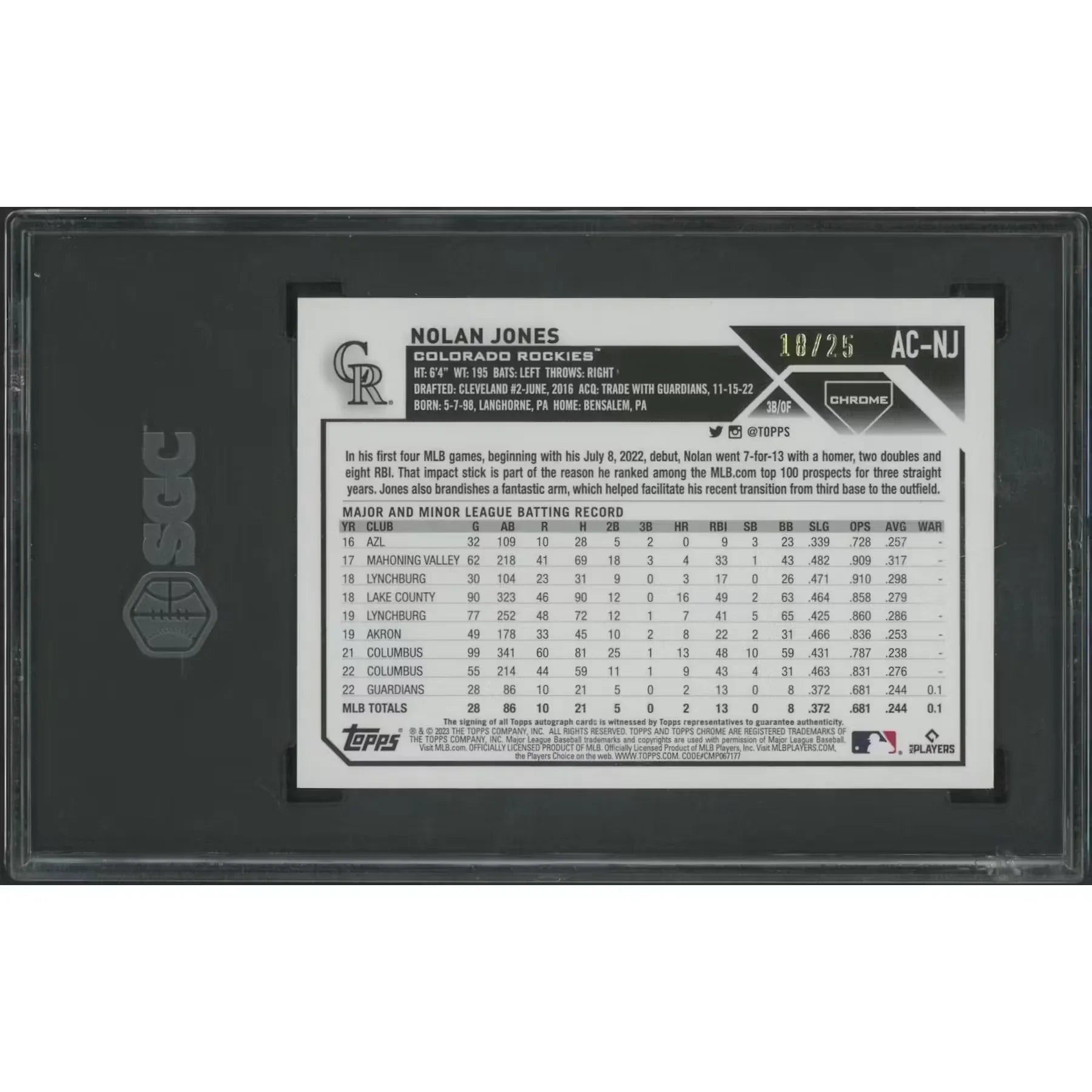 Nolan Jones Signed 2023 Topps Chrome Update Orange Refractor Rookie #18 Card | SGC 10 Gem