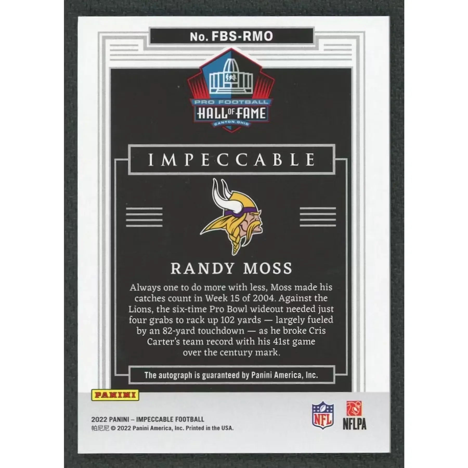 Randy Moss Signed 2022 Panini Impeccable Card | #FBS-RMO