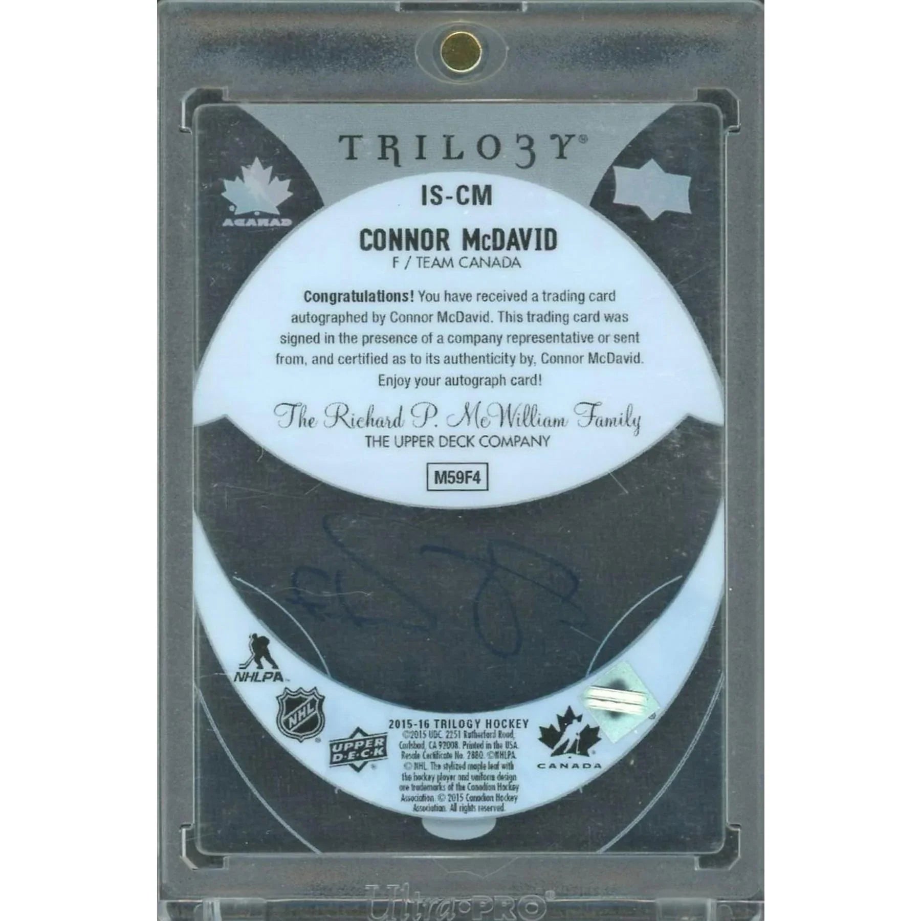 Connor McDavid Signed 2015-16 Upper Deck Trilogy Ice Scripts Rookie Card | Authenticated