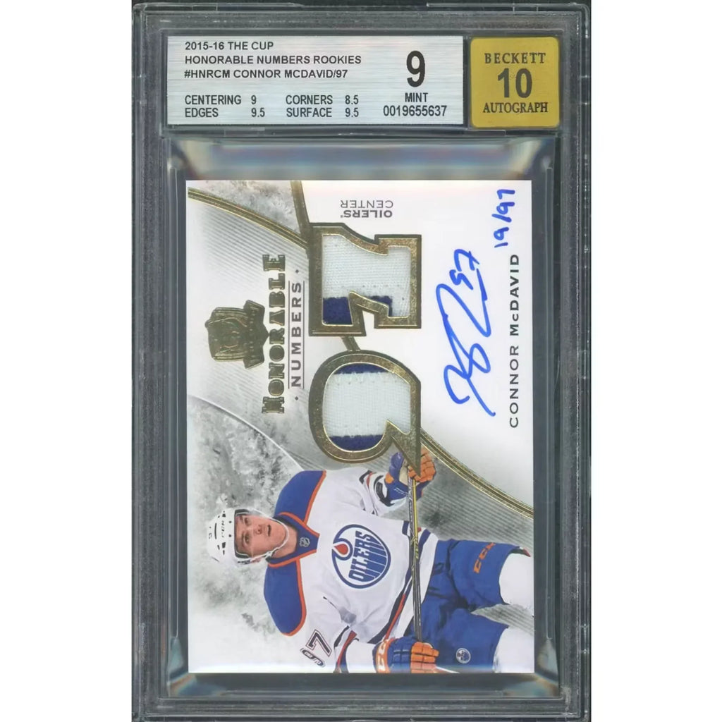 Connor McDavid 2015-16 Upper Deck The Cup Honorable Numbers Rookie Patch Auto | BGS 9