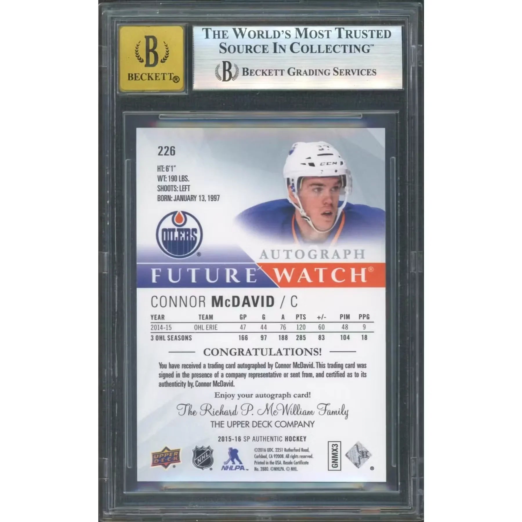 Connor McDavid Signed 2015-16 SP Authentic Card | BGS 8 Auto 10