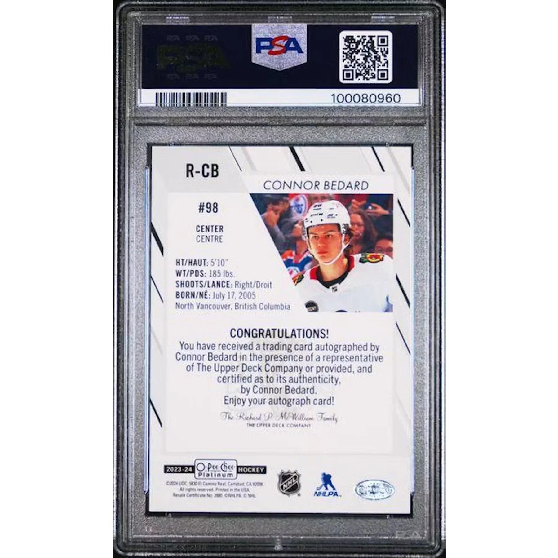 Connor Bedard Signed 2023-24 OPC Platinum Rookie Card | PSA 10