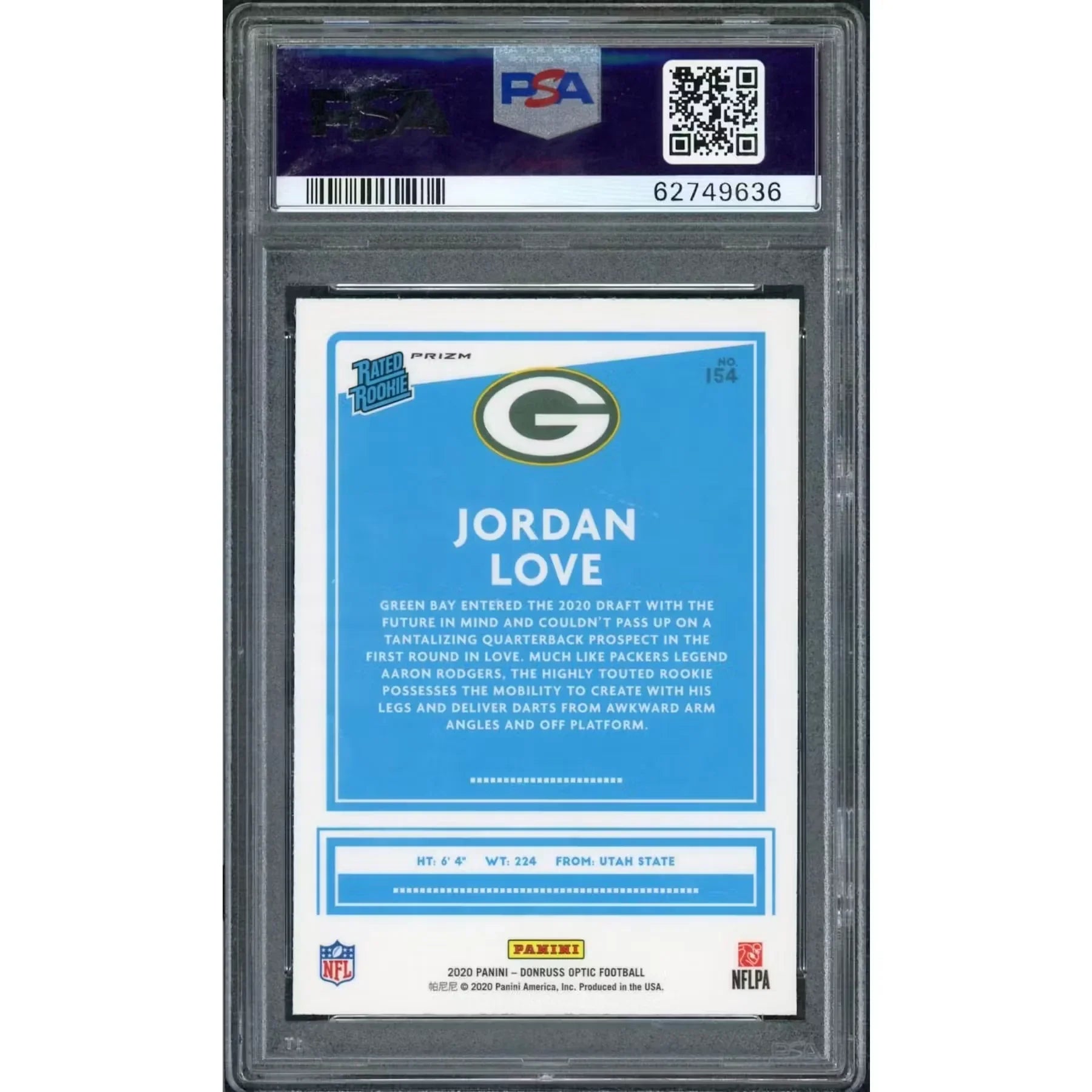 2020 Panini Donruss Optic Jordan Love Holo Rated Rookie #154 PSA 10 - D2