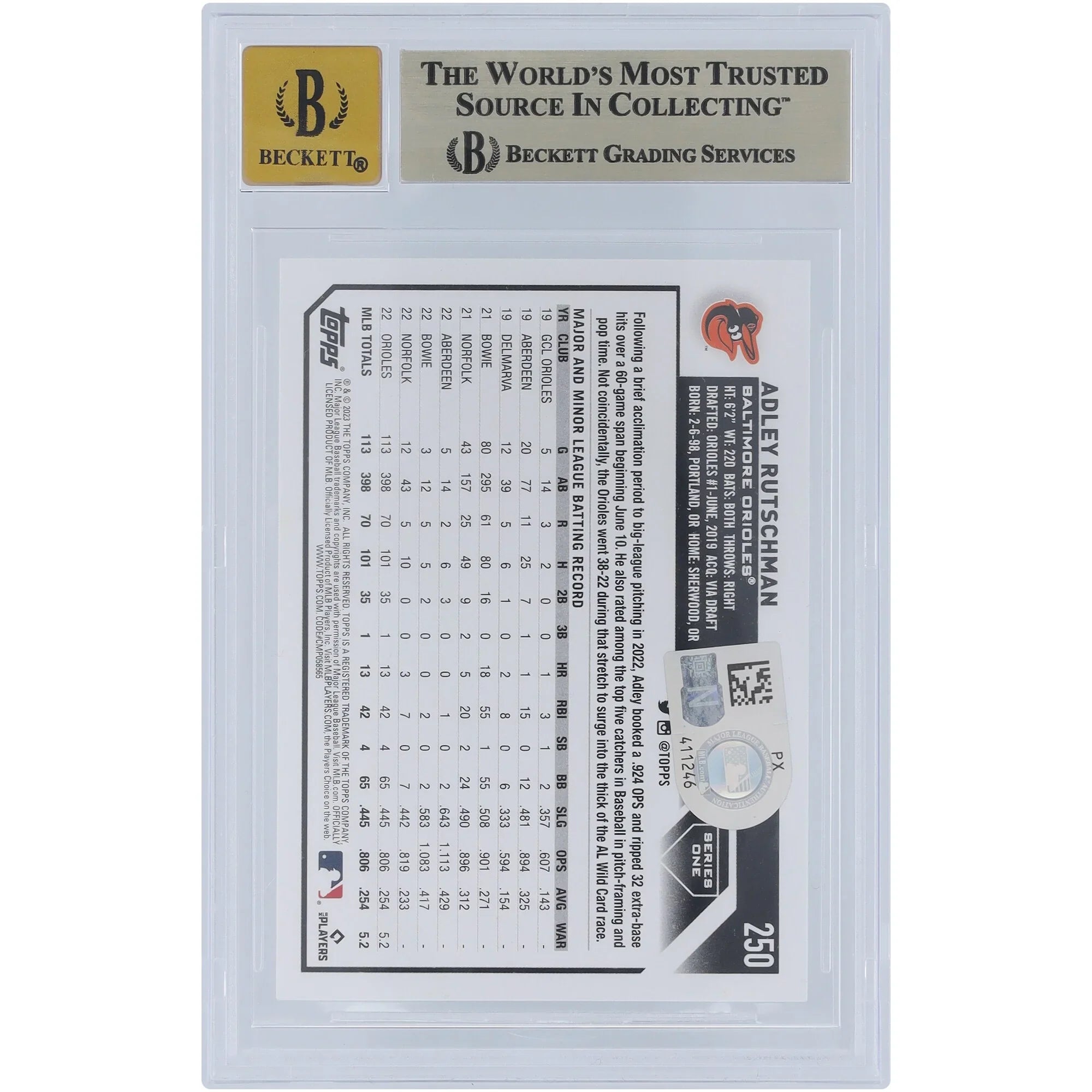 Adley Rutschman Signed 2023 Topps Series One #250 Rookie Card | Graded 9.5