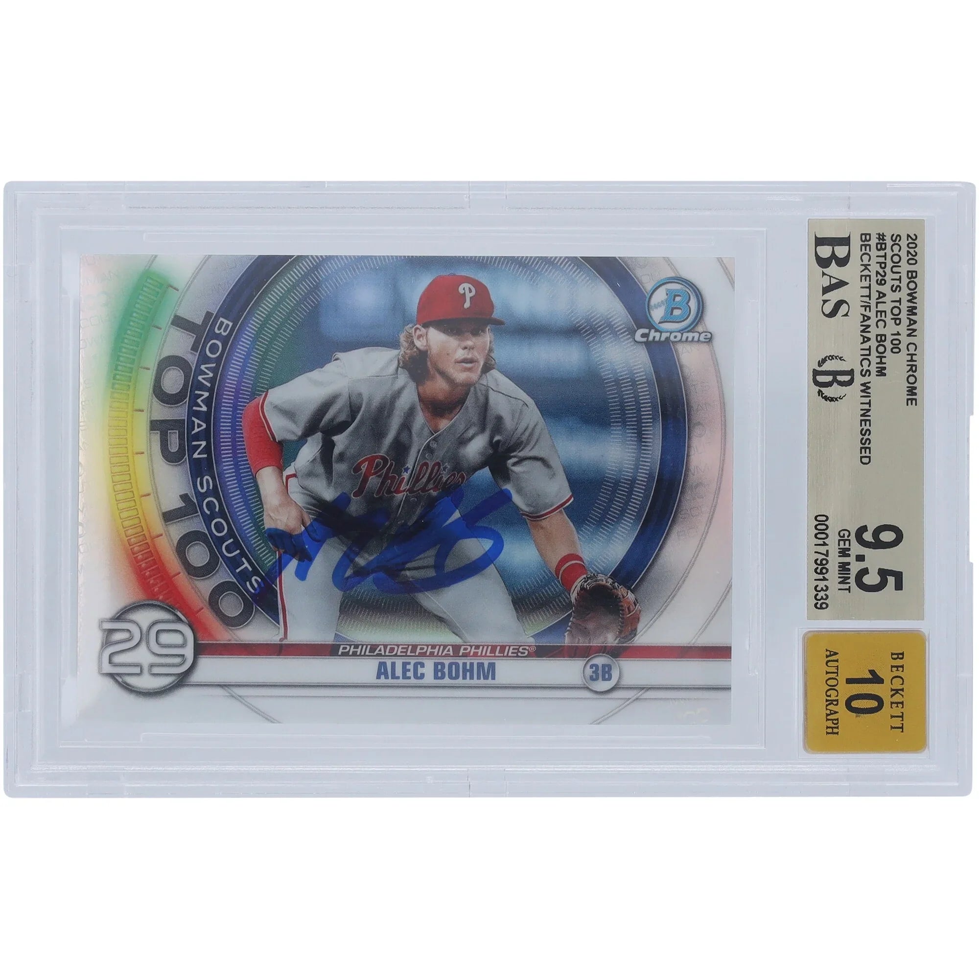 Alec Bohm Signed 2020 Bowman Chrome Scouts Top 100 #BTP-29 | Graded 9.5