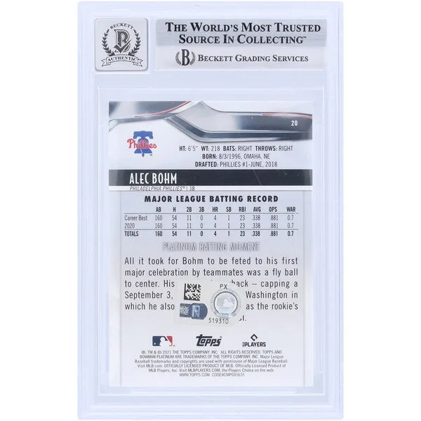 Alec Bohm Signed 2021 Bowman Platinum Ice Foil #20 Rookie Card | Graded 10