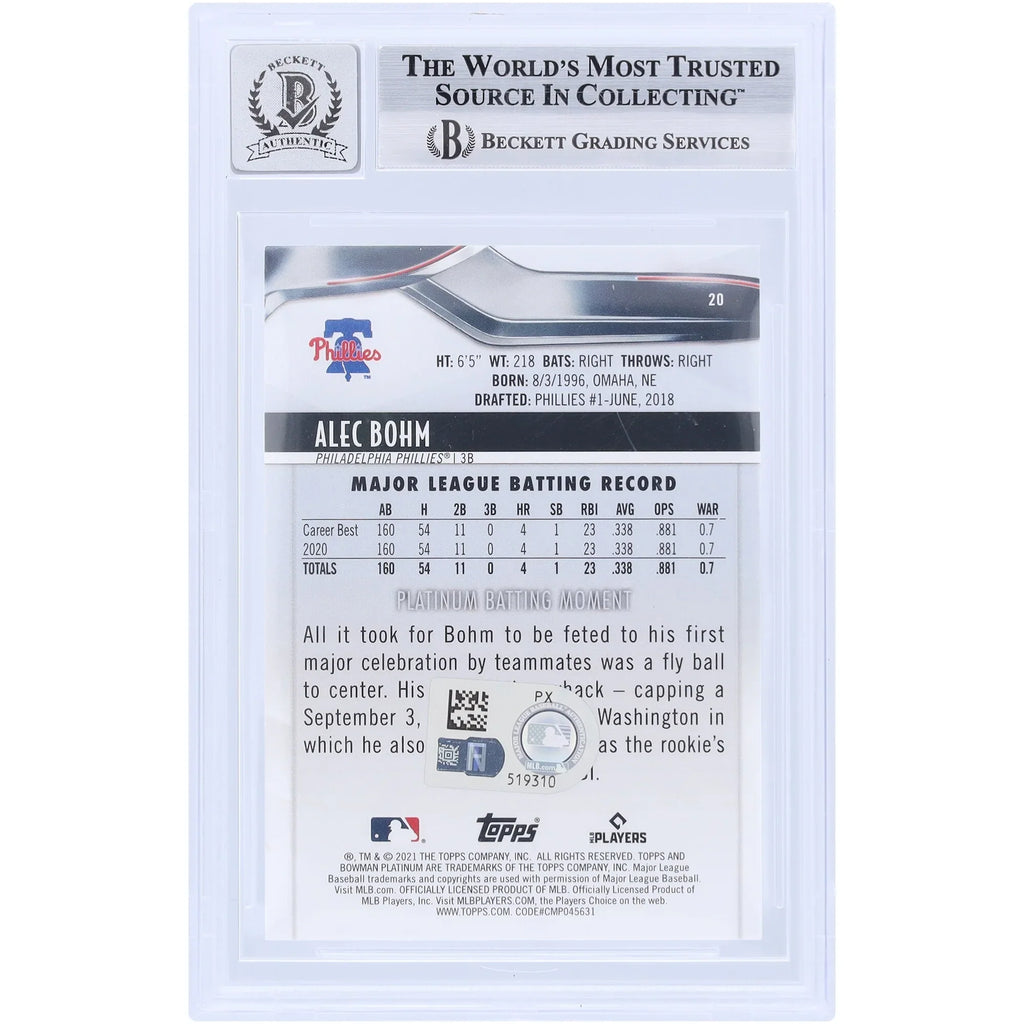 Alec Bohm Signed 2021 Bowman Platinum Ice Foil #20 Rookie Card | Graded 10