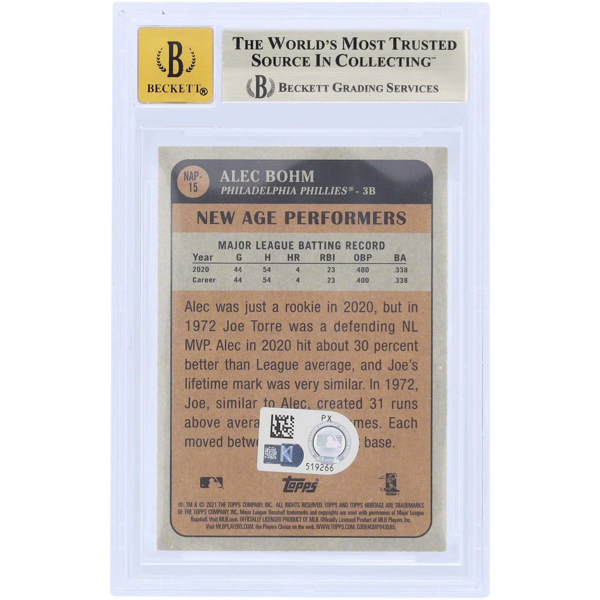 Alec Bohm Signed 2021 Topps Heritage New Age Performers Rookie Card | Grade 9.5