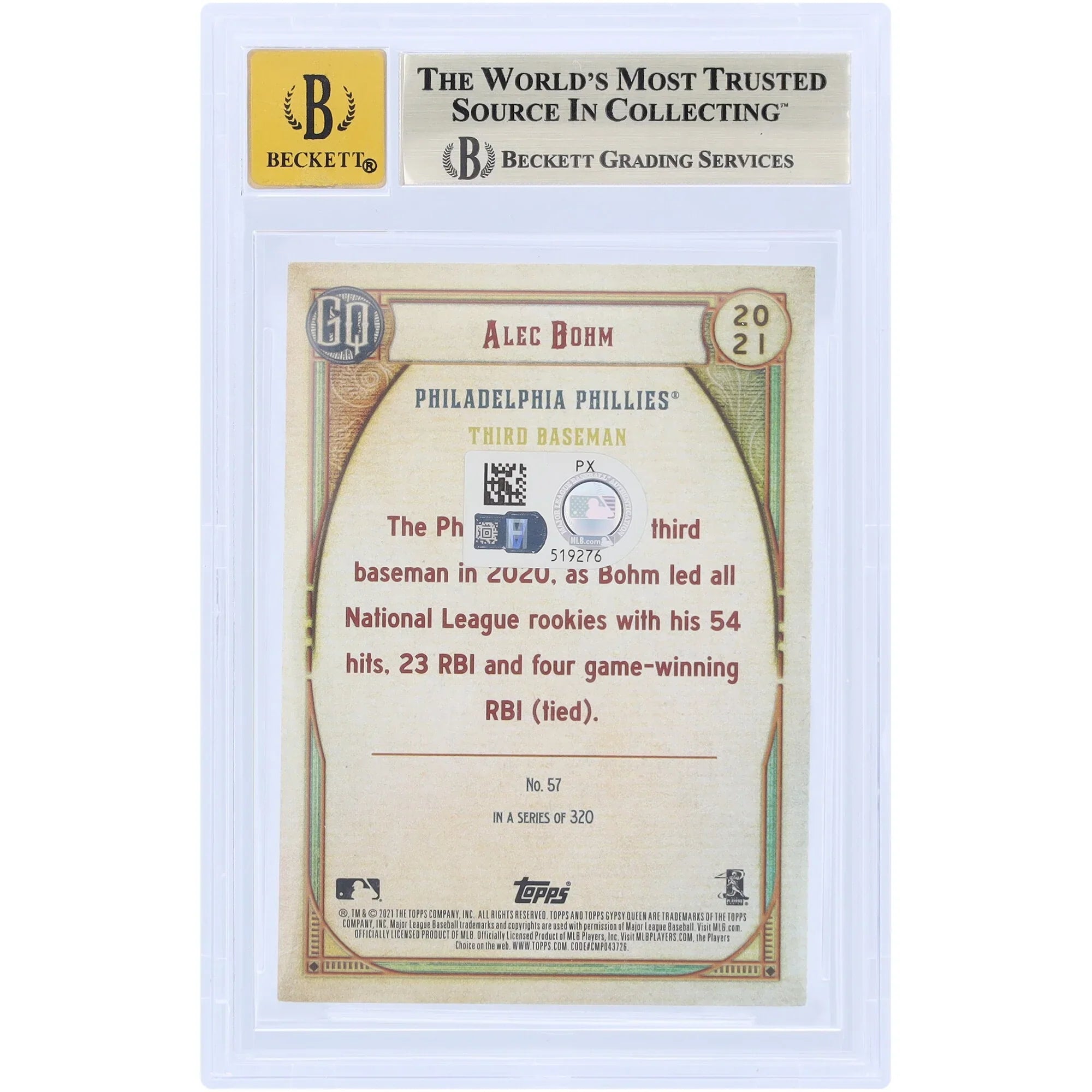 Alec Bohm Signed 2021 Topps GQ #57 Rookie Card | Graded 9.5