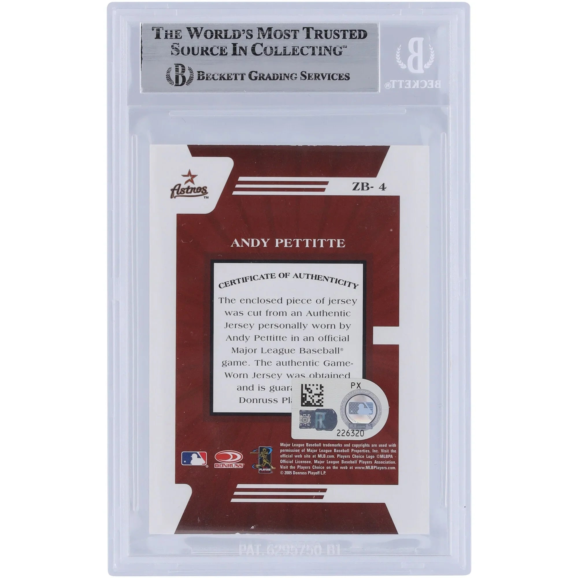 Andy Pettitte Signed 2005 Donruss Zenith Z-Bats Jersey Relic Card #ZB-4
