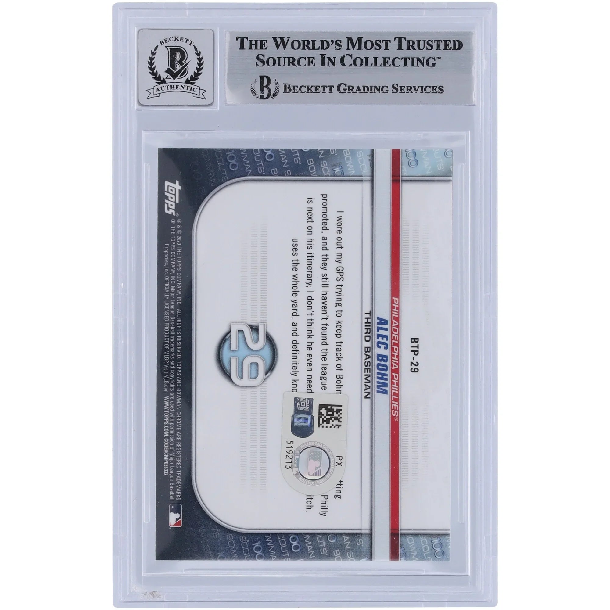 Alec Bohm Signed 2020 Bowman Chrome Scouts Top 100 #BTP-29 | Graded 9