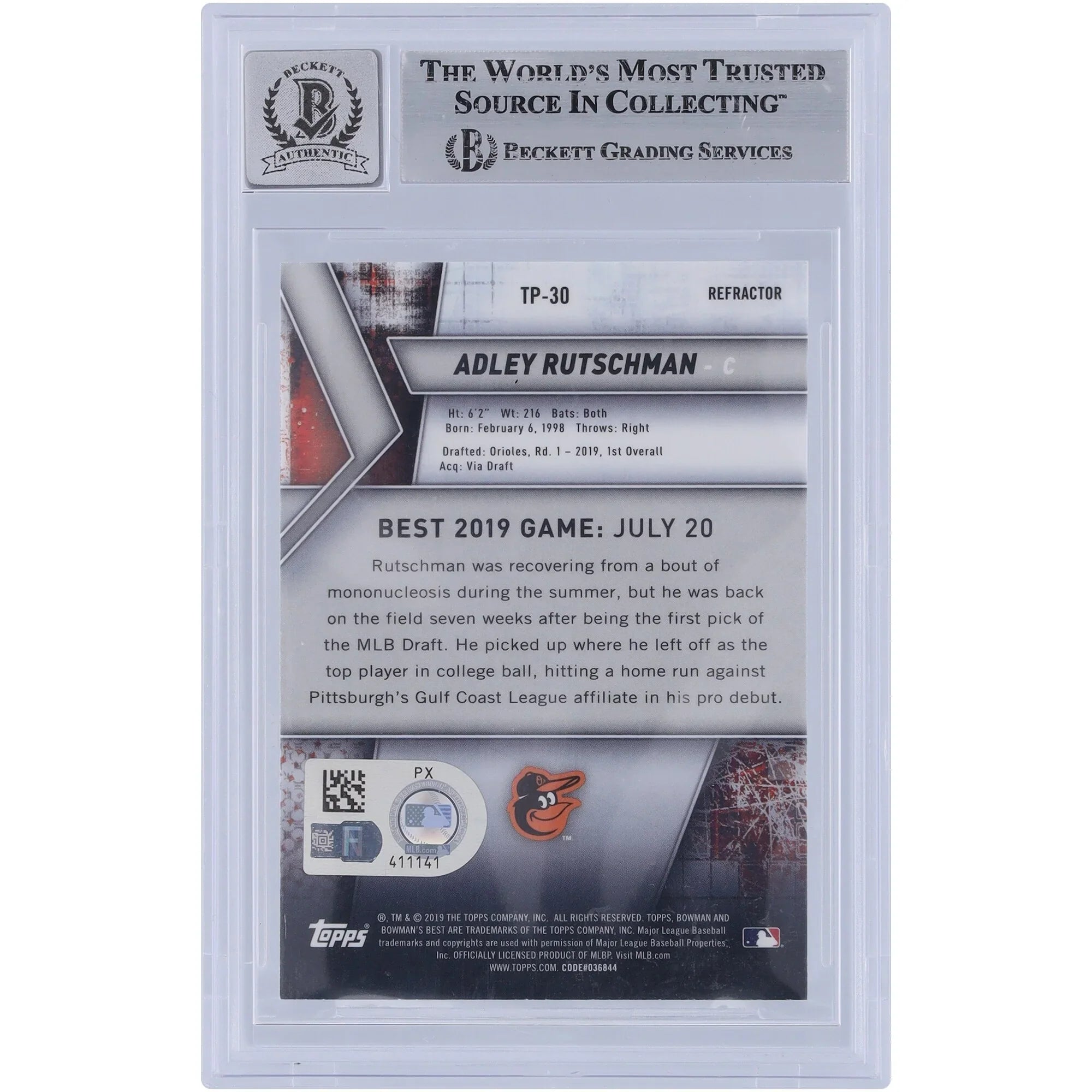 Adley Rutschman Signed 2019 Bowman's Best Top Prospects Refractor #TP-30 | Graded 9