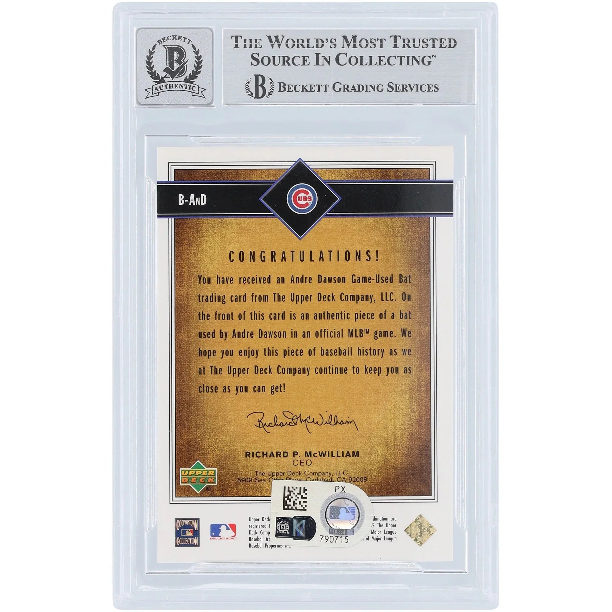 Andre Dawson Signed 2002 Upper Deck SP Legendary Cuts Game Bat Relic Card | Graded 10