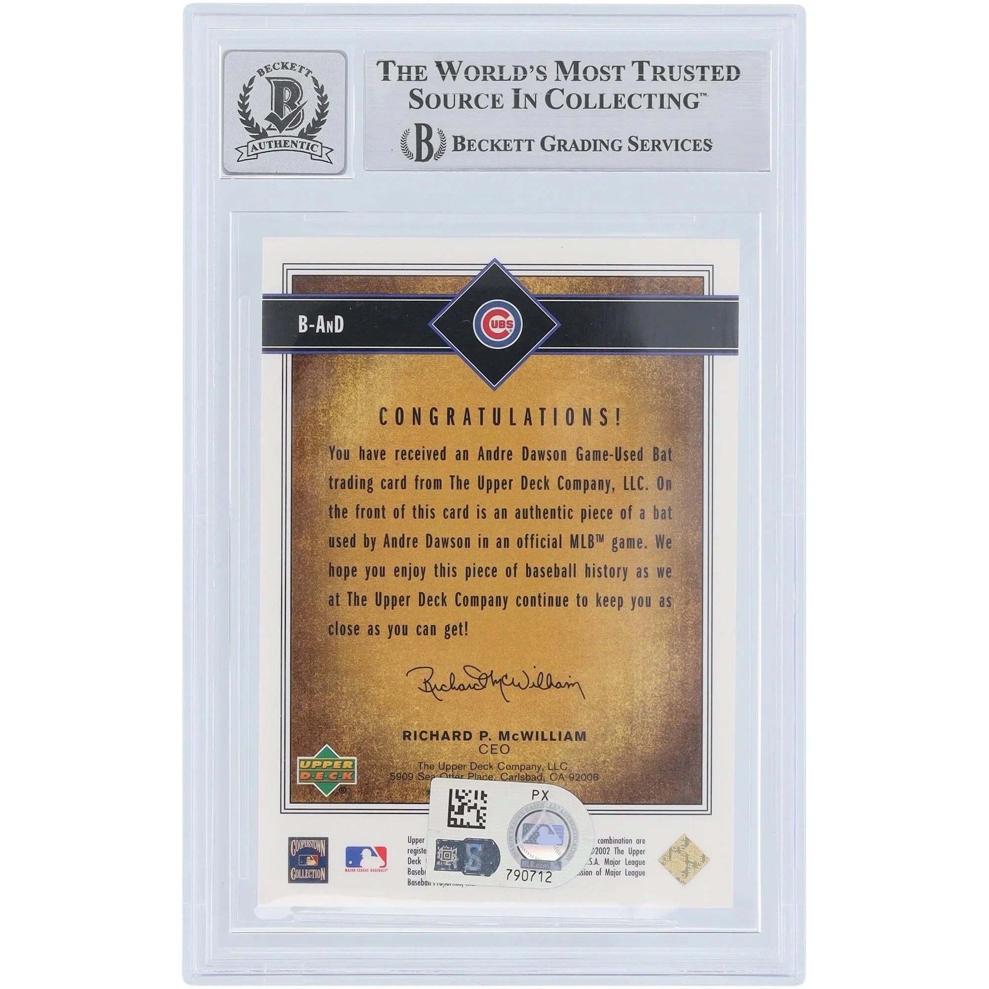 Andre Dawson Signed 2002 Upper Deck SP Legendary Cuts Game Bat Relic Card | Graded 9