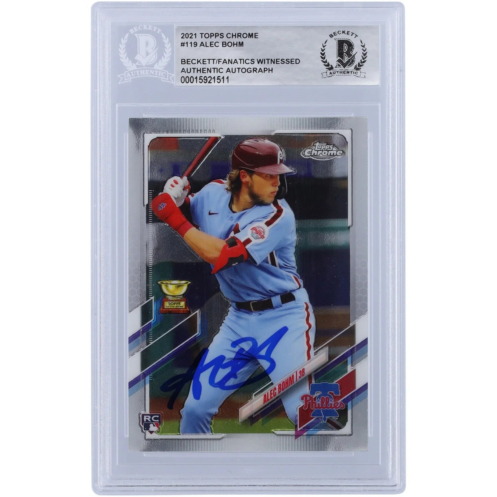 Alec Bohm Philadelphia Phillies Signed 2021 Topps Chrome #119 Beckett Fanatics Witnessed Authenticated Rookie Card - F2