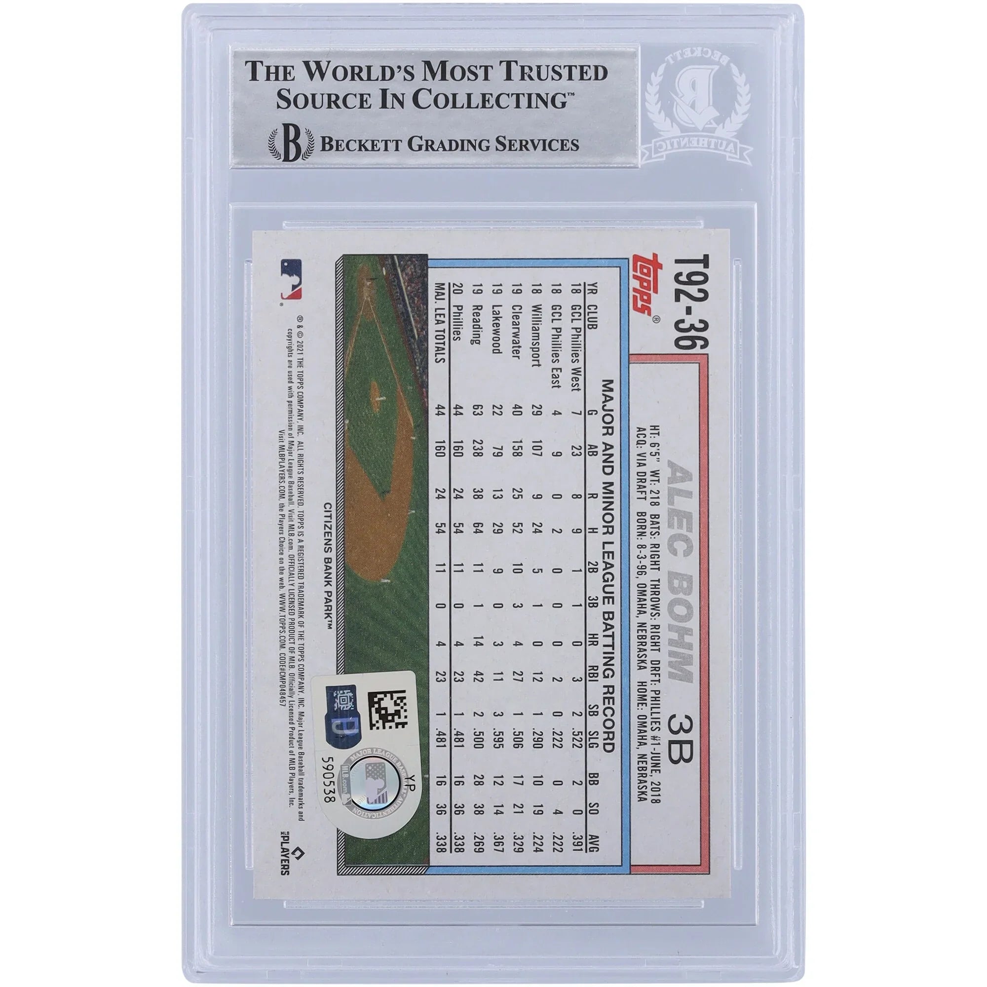 Alec Bohm Signed 2021 Topps Series 1 Rookie #T92 Card | Beckett Authenticated