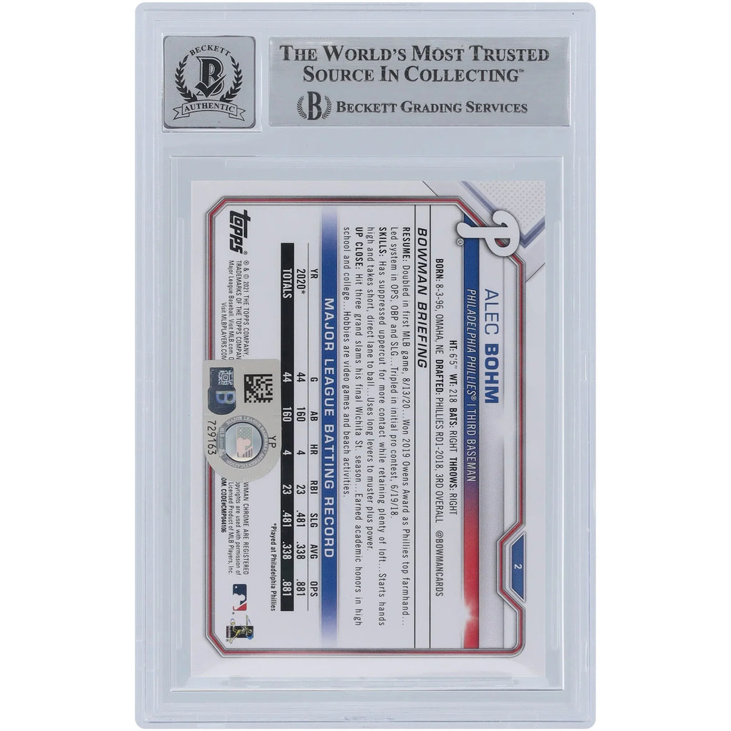Alec Bohm Signed 2021 Bowman #2 Rookie Card | Beckett Graded 10