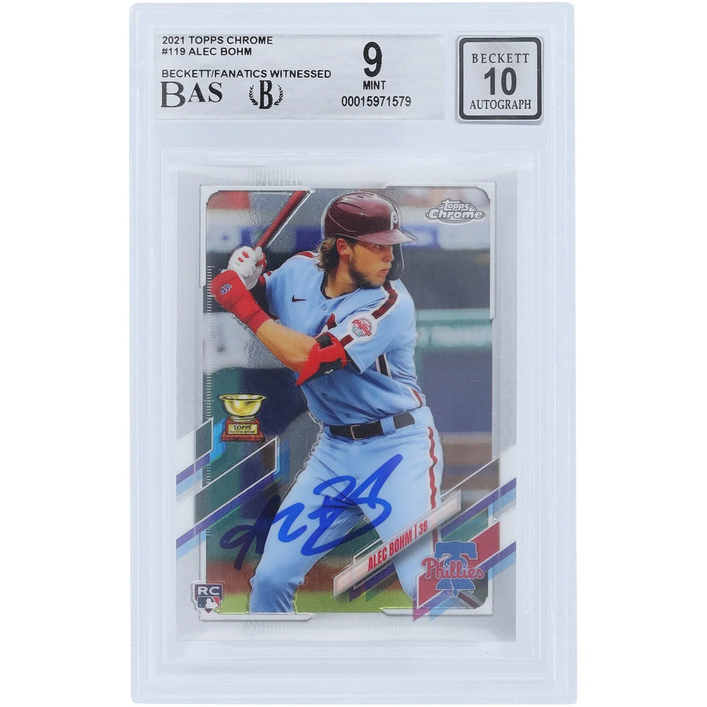 Alec Bohm Philadelphia Phillies Autographed 2021 Topps Chrome #119 Beckett 9 Fanatics Witnessed Authenticated 9/10 Rookie Card - F1