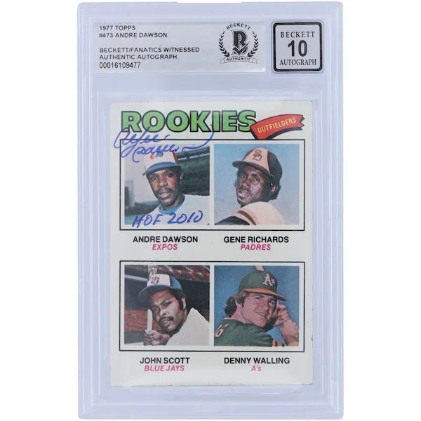 Andre Dawson Montreal Expos Autographed 1977 Topps Series 2 #473 Beckett 10 Fanatics Witnessed Authenticated 10 Rookie Card with "HOF 2010" Inscription - F1