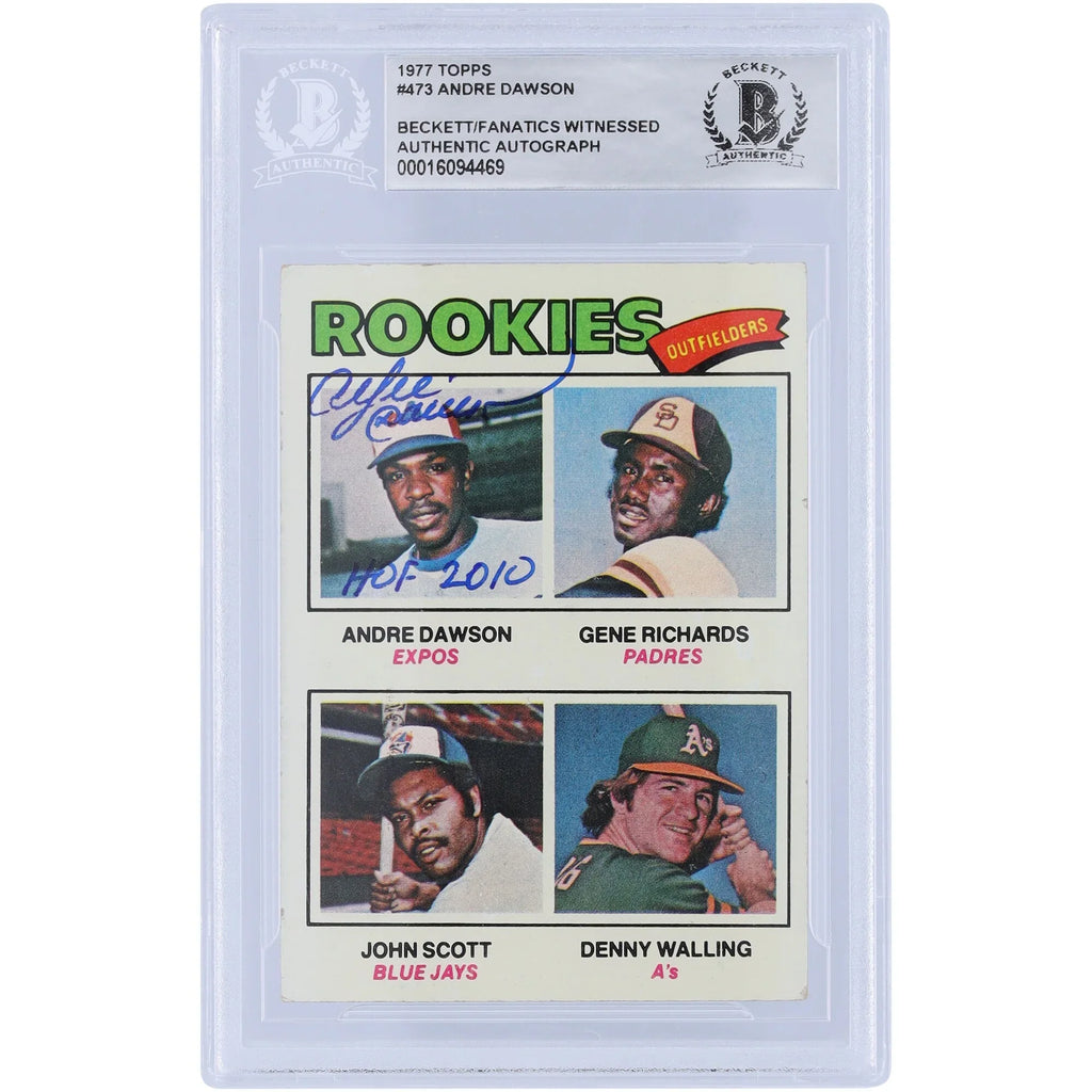 Andre Dawson Montreal Expos Signed 1977 Topps Series 2 #473 Beckett Fanatics Witnessed Authenticated Rookie Card with "HOF 2010" Inscription - F2