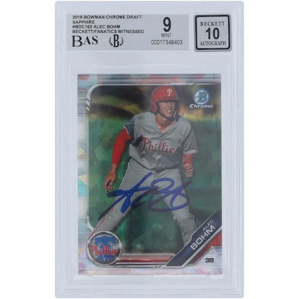 Alec Bohm Philadelphia Phillies Autographed 2019 Bowman Chrome Draft Sapphire #BDC-162 Beckett 9 Fanatics Witnessed Authenticated 9/10 Card - F2