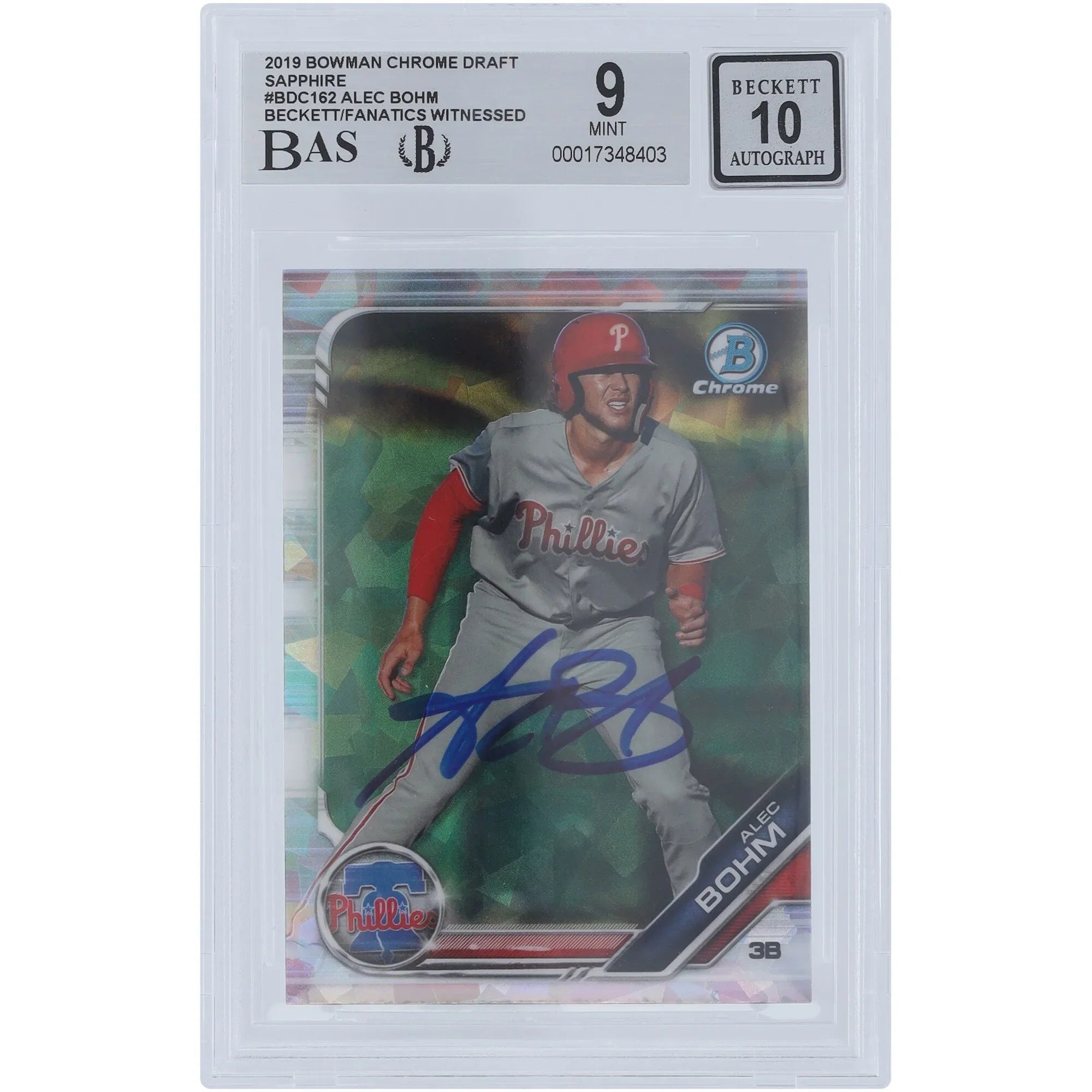 Alec Bohm Philadelphia Phillies Autographed 2019 Bowman Chrome Draft Sapphire #BDC-162 Beckett 9 Fanatics Witnessed Authenticated 9/10 Card - F2