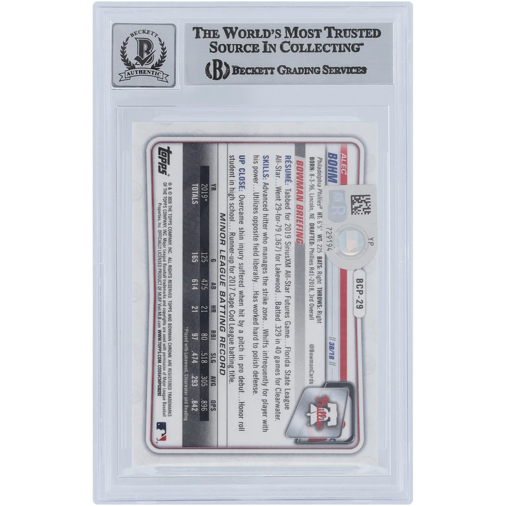 Alec Bohm Signed 2020 Bowman Chrome Prospects Atomic Refractors #BCP-29 | Graded 9