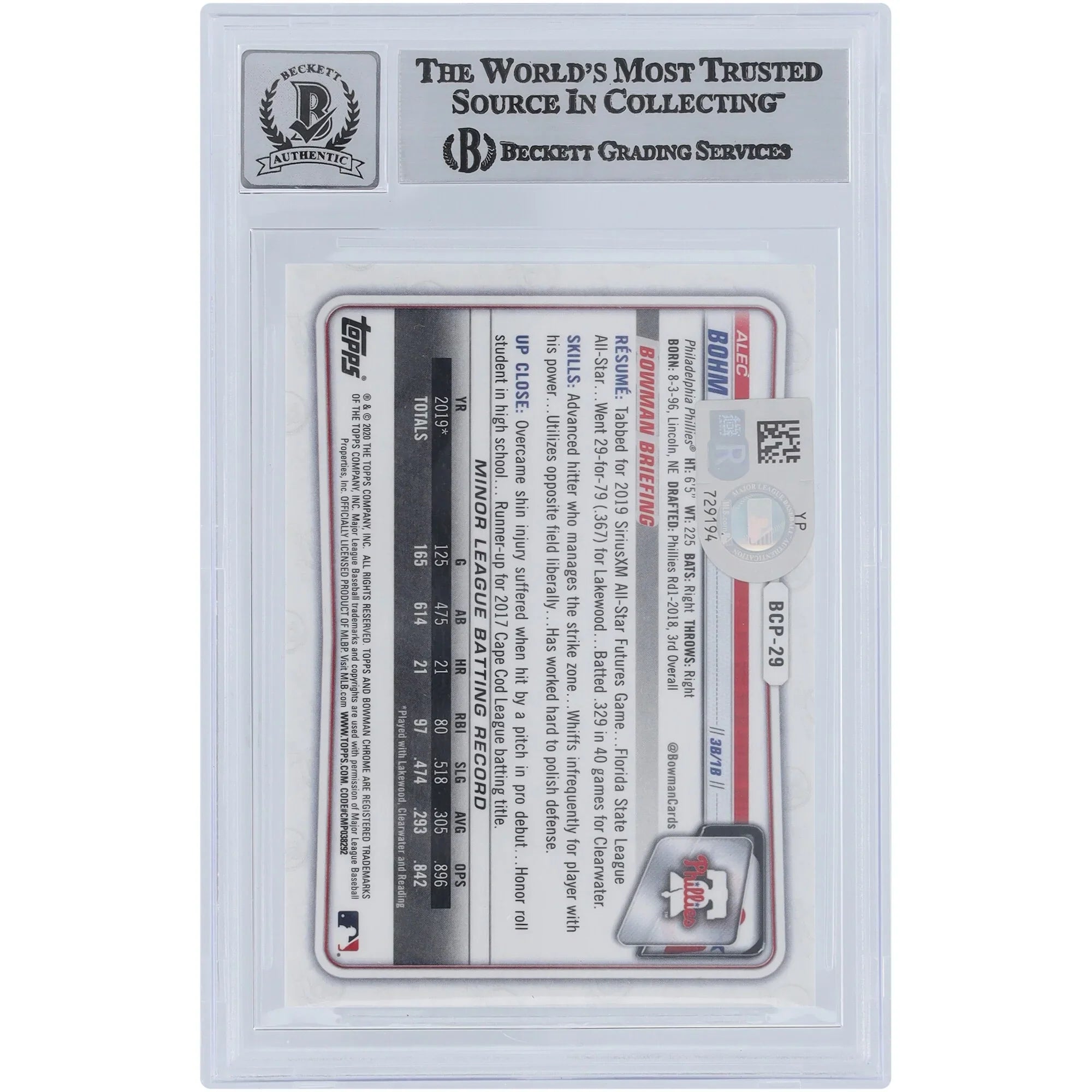 Alec Bohm Signed 2020 Bowman Chrome Prospects Atomic Refractors #BCP-29 | Graded 9