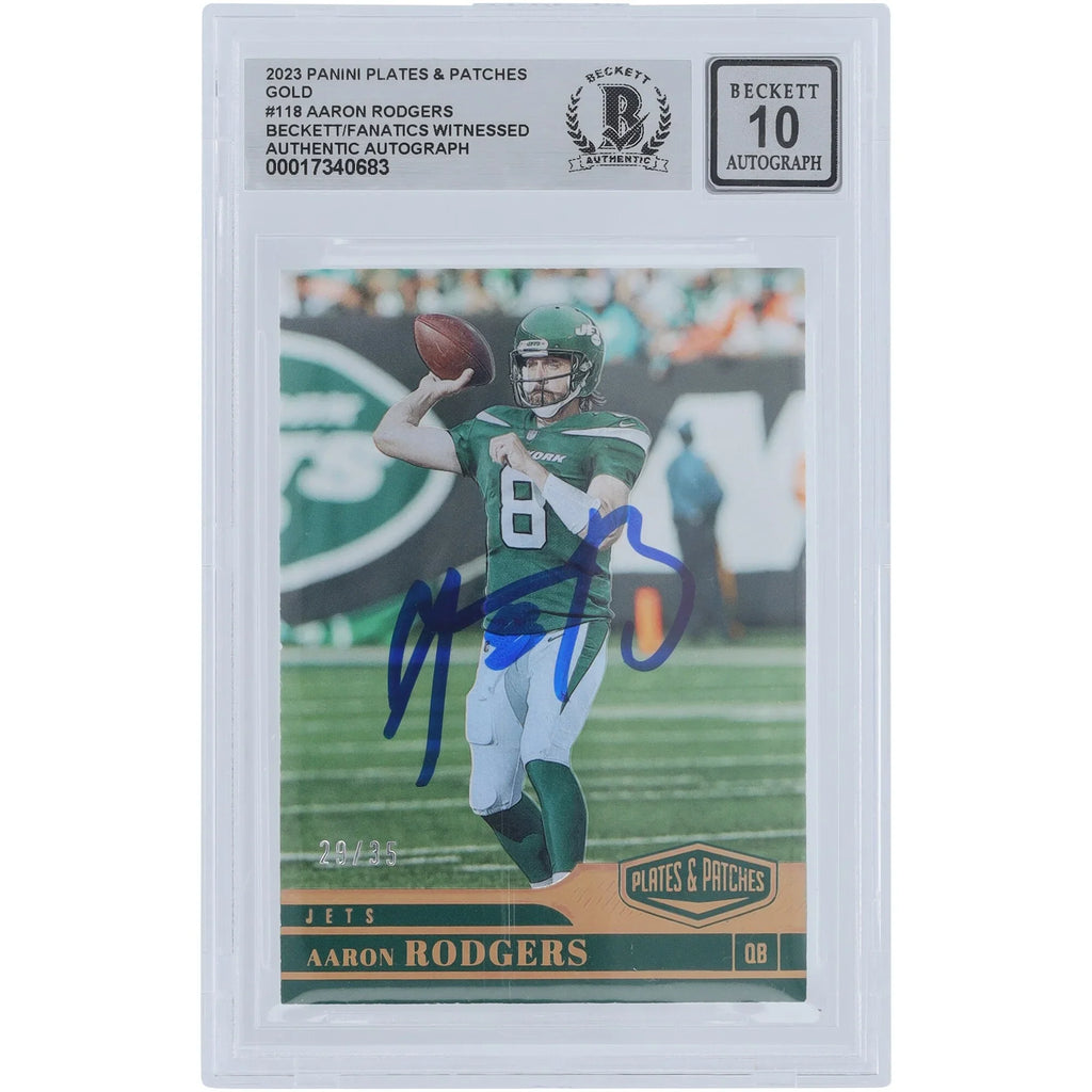 Aaron Rodgers Signed 2023 Panini Plates & Patches Gold #118 #/35 | Beckett 10