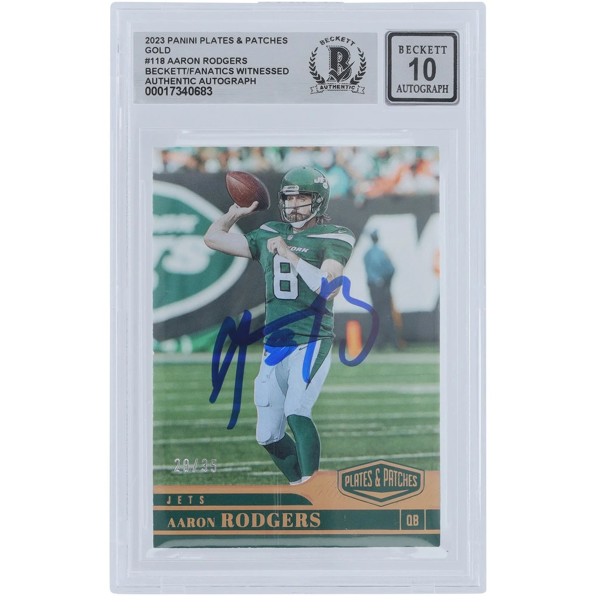 Aaron Rodgers Signed 2023 Panini Plates & Patches Gold #118 #/35 | Beckett 10