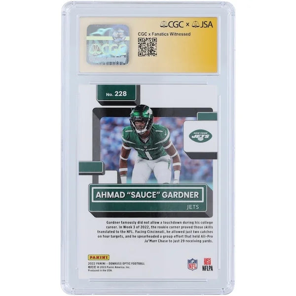 Ahmad Sauce Gardner New York Jets Autographed 2022 Panini Donruss Optic #228 CGC Fanatics Witness Authenticated 10/10 Rookie Card - F1