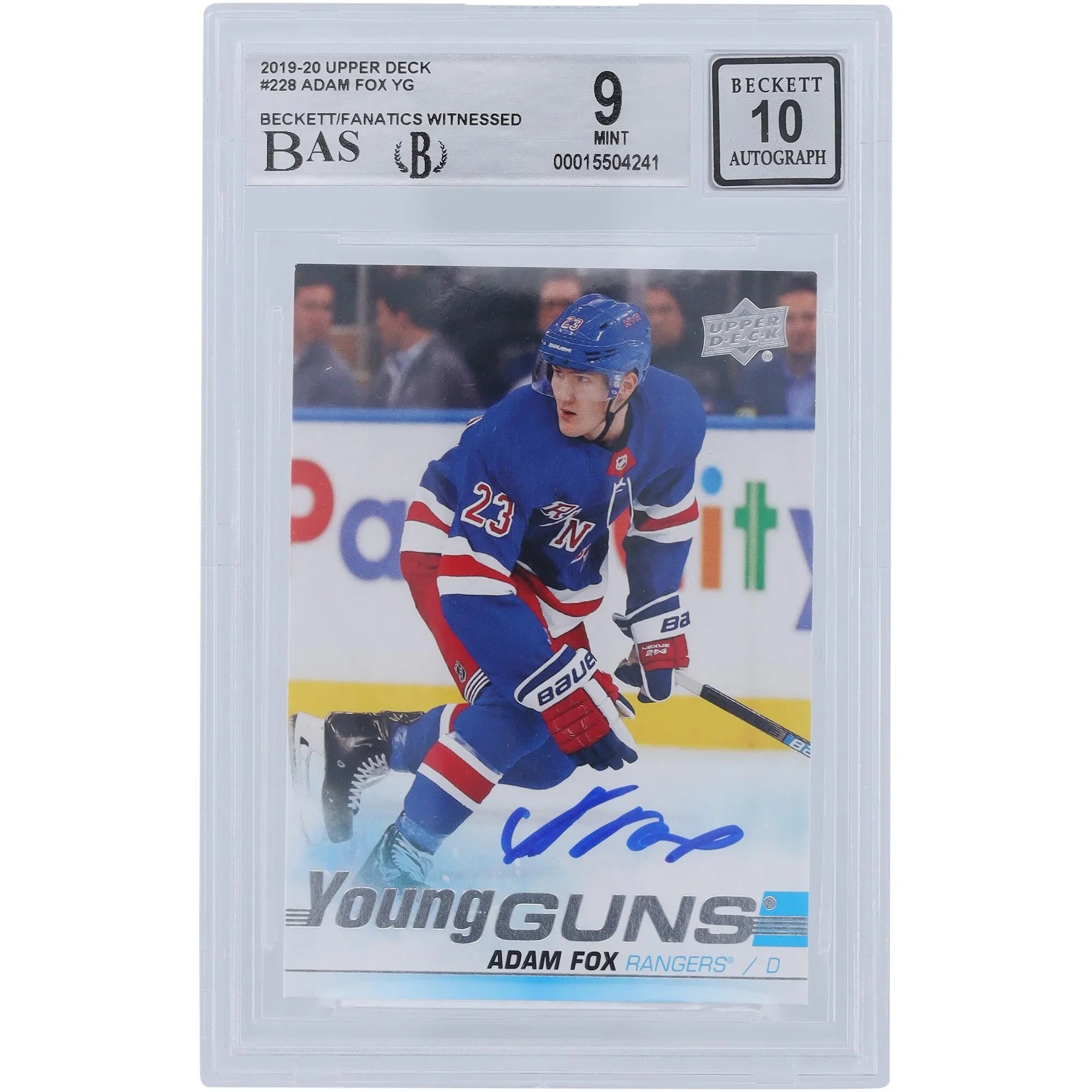 Adam Fox Signed 2019-20 Upper Deck Young Guns #228 Rookie Card | Beckett 9