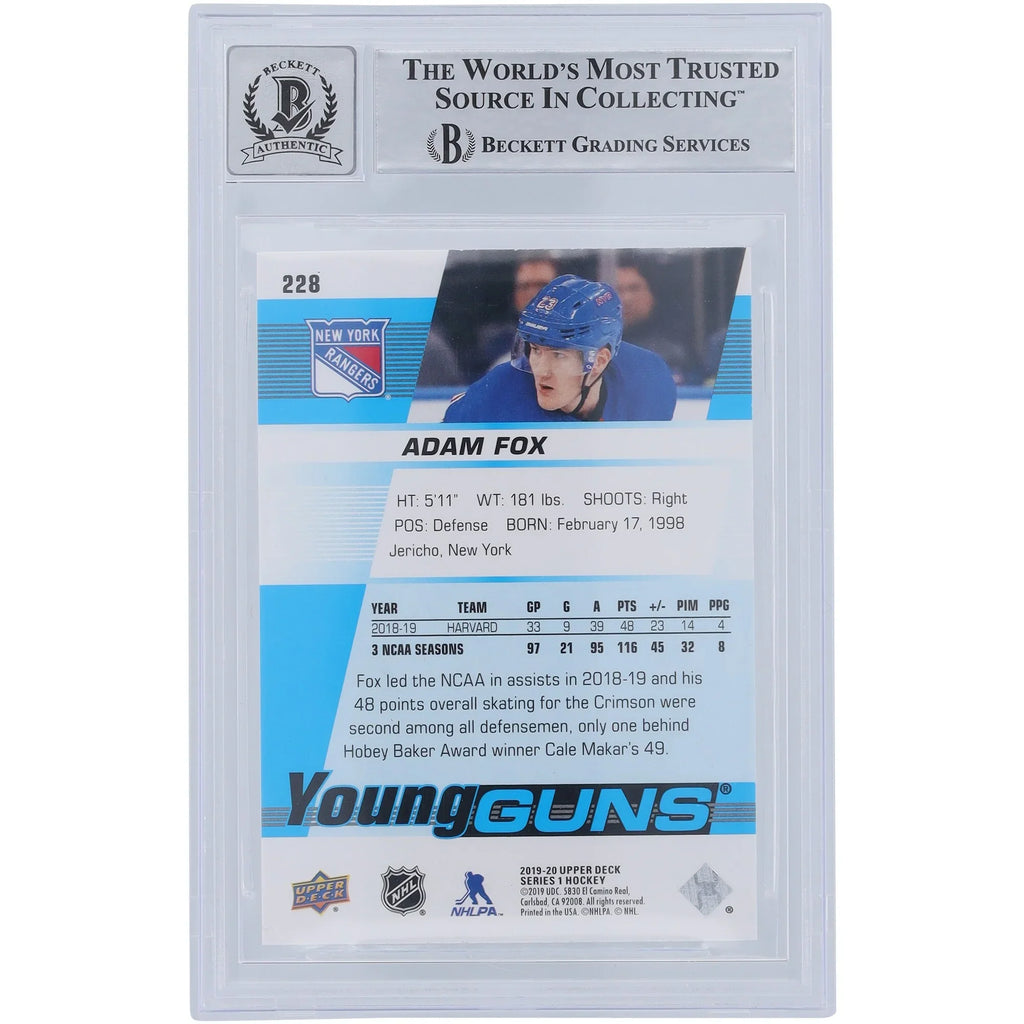 Adam Fox Signed 2019-20 Upper Deck Young Guns #228 Rookie Card | Beckett 9