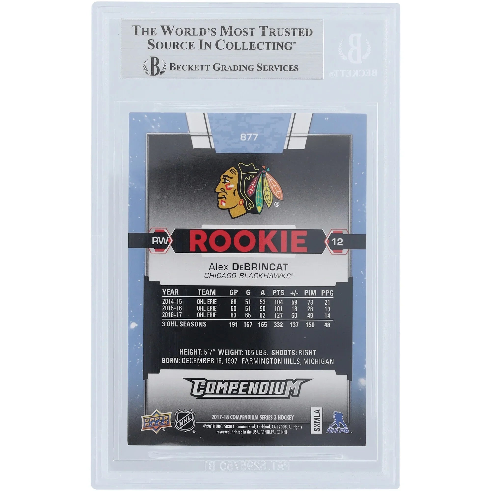 Alex DeBrincat Signed 2017-18 Upper Deck Compendium Blue Rookie Card #877 | Beckett Authen