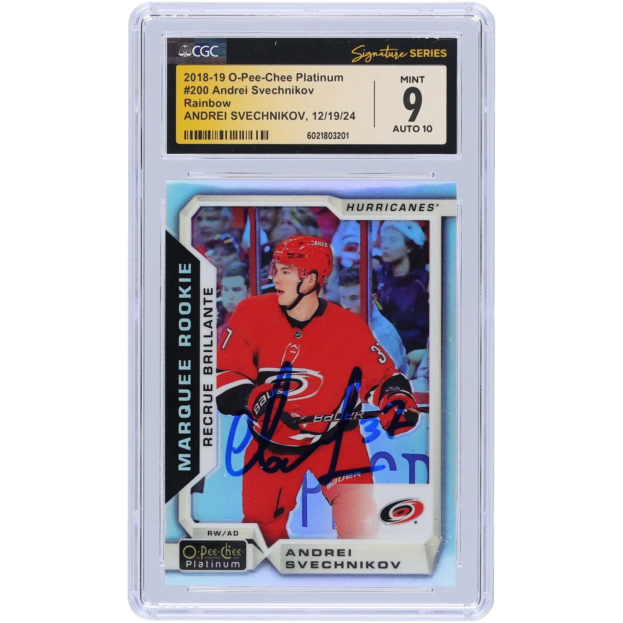Andrei Svechnikov Signed 2018-19 Upper Deck O-Pee-Chee Platinum Rainbow Rookie Card #200