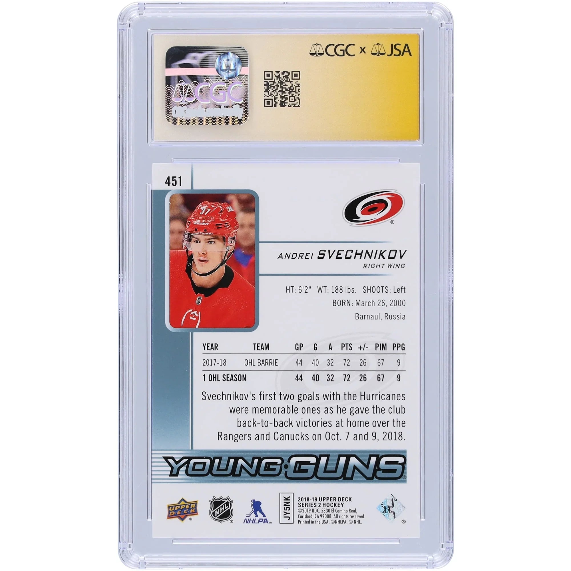 Andrei Svechnikov Signed 2018-19 Upper Deck Young Guns #451 | CGC 9 Rookie Card