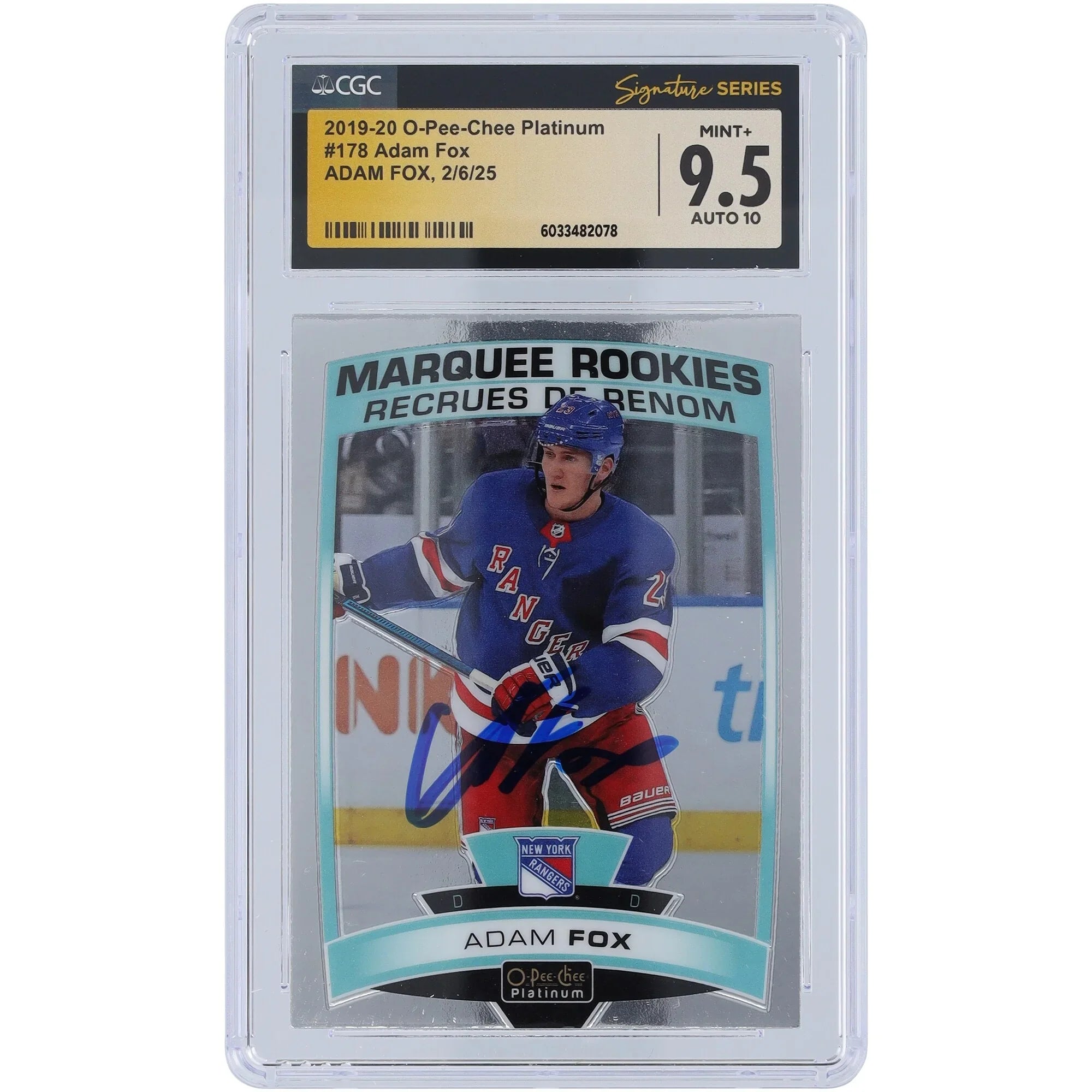 Adam Fox Signed 2019-20 Upper Deck O-Pee-Chee Platinum #178 Rookie Card | CGC 9.5