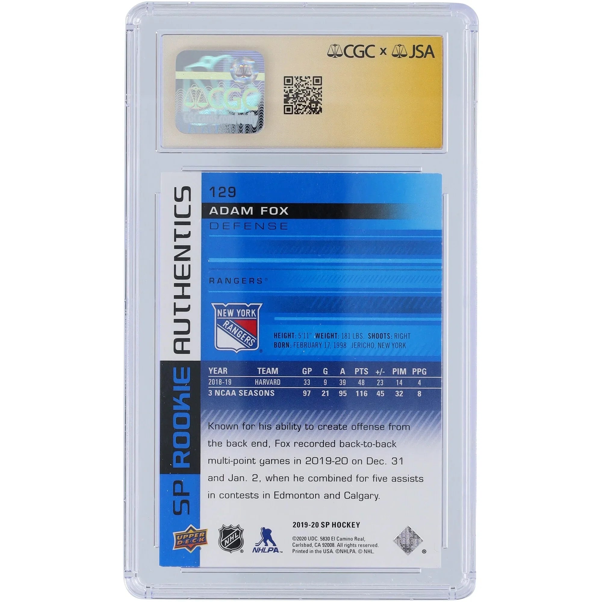 Adam Fox Signed 2019-20 Upper Deck SP Blue Rookie Card #129 | CGC 9