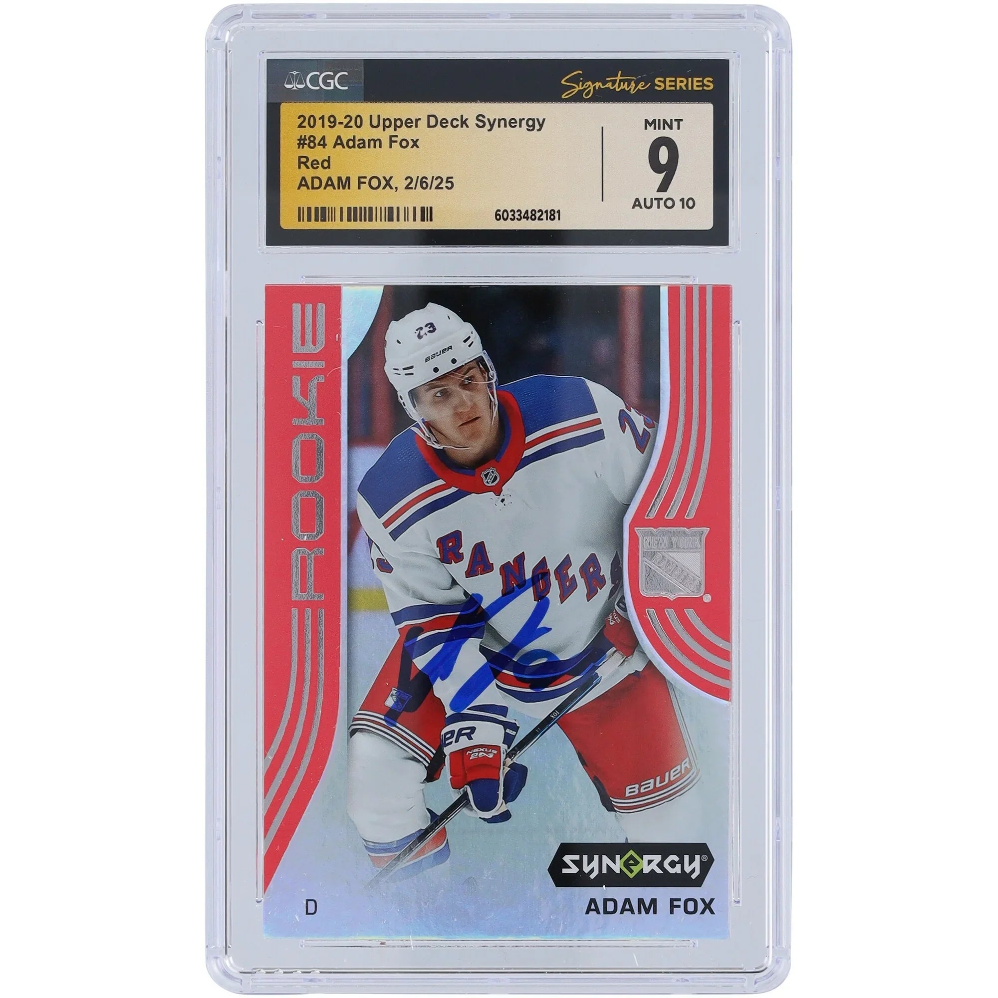 Adam Fox Signed 2019-20 Upper Deck Synergy Red #84 Rookie Card | CGC 9