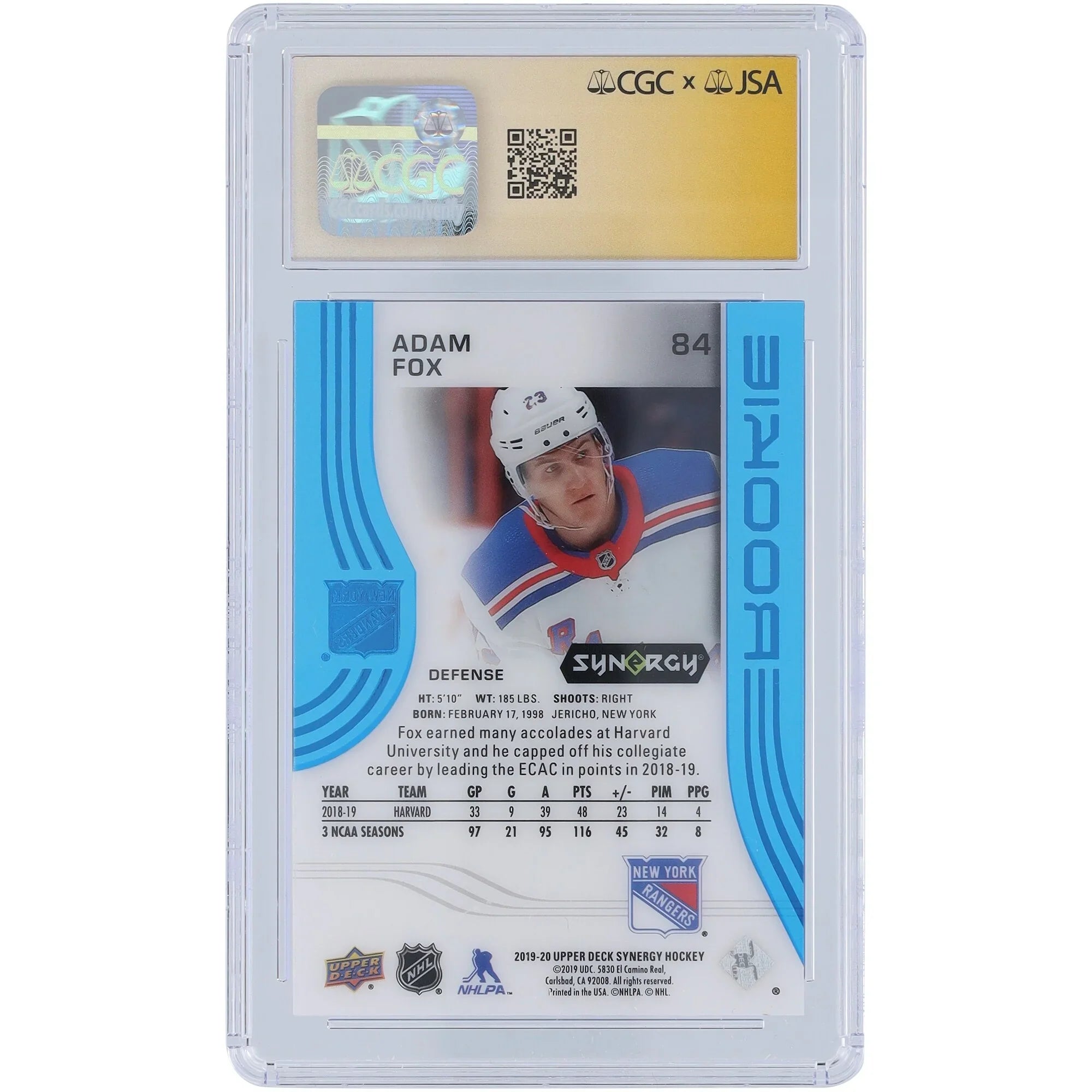 Adam Fox Signed 2019-20 Upper Deck Synergy Blue Rookie #84 Card | CGC 9