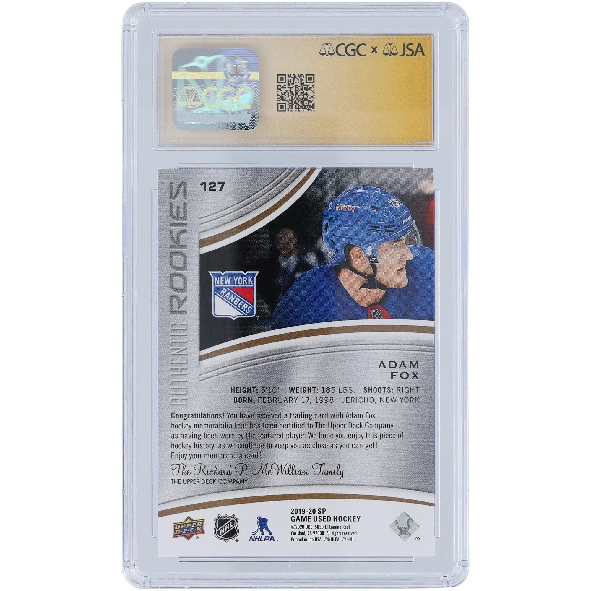 Adam Fox Signed 2019-20 Upper Deck SP Game Used Rookie Card | #127/599