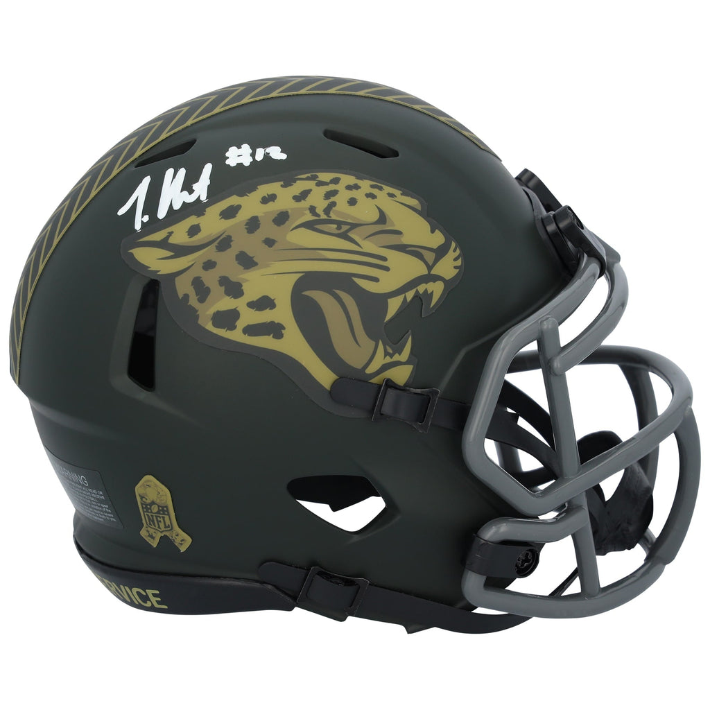 Travis Hunter Jacksonville Jaguars Autographed Fanatics Authentic Riddell 2025 Salute To Service Speed Mini Helmet