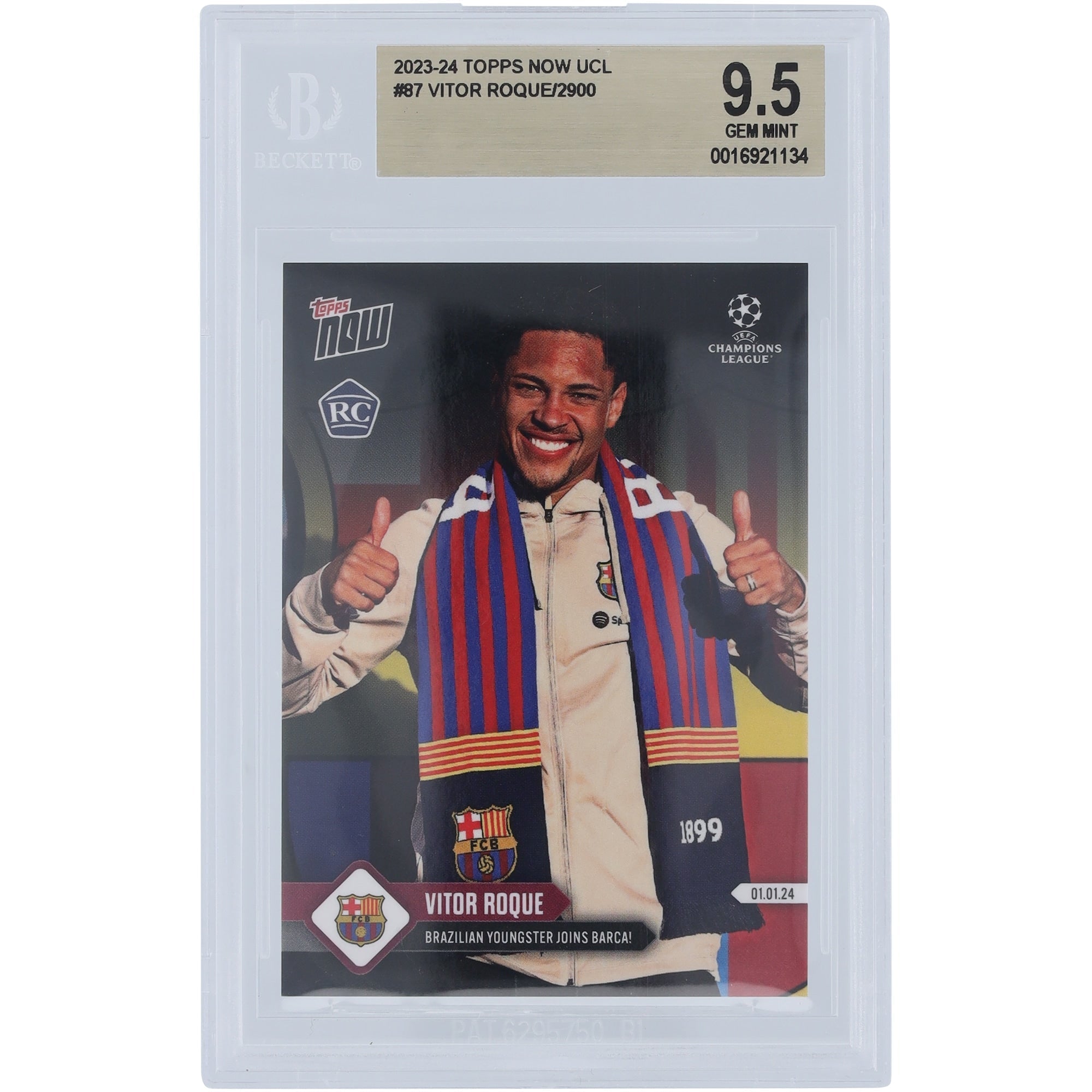 Vitor Roque Barcelona 2023-24 Topps Now UCL Joins Barca #87 BGS Authenticated 9.5 Rookie Card